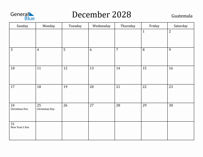 December 2028 Calendar Guatemala