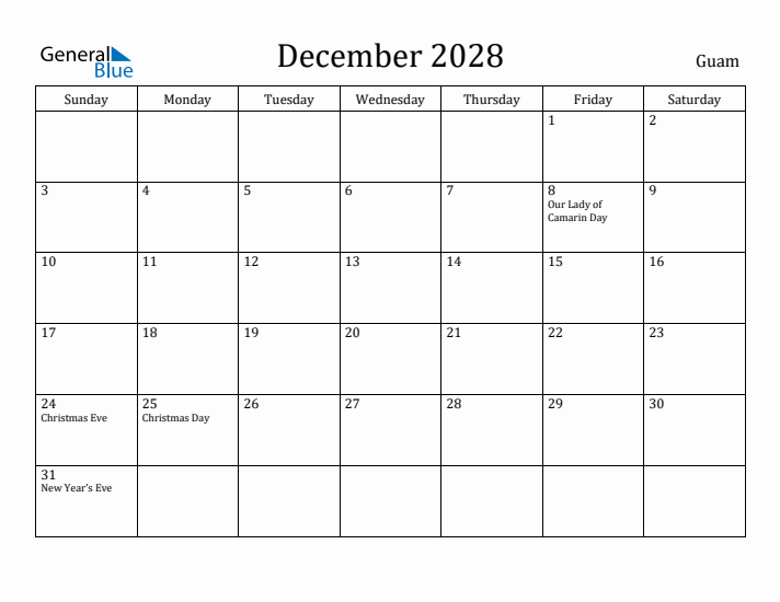 December 2028 Calendar Guam