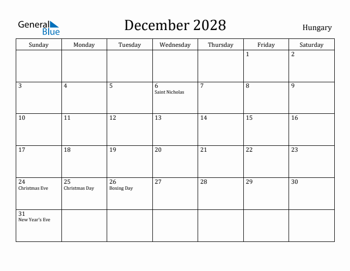 December 2028 Calendar Hungary