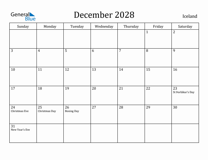 December 2028 Calendar Iceland