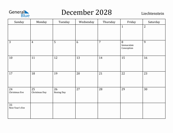 December 2028 Calendar Liechtenstein