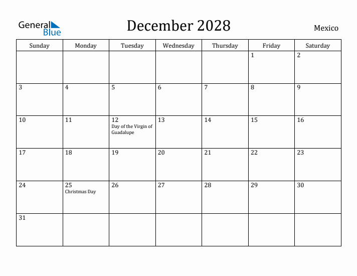 December 2028 Calendar Mexico