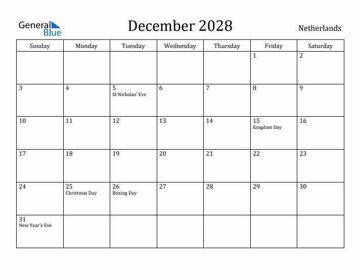 December 2028 Calendar The Netherlands