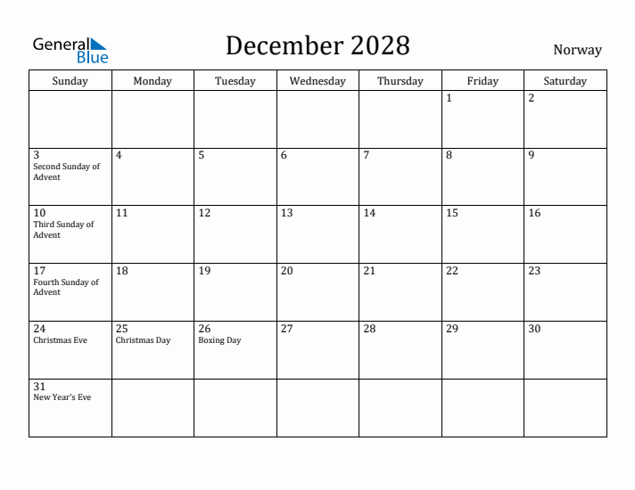December 2028 Calendar Norway