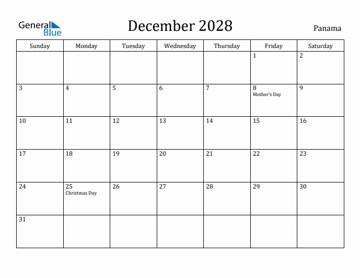 December 2028 Calendar Panama