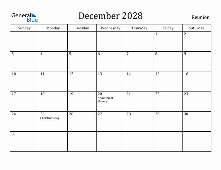 December 2028 Calendar Reunion
