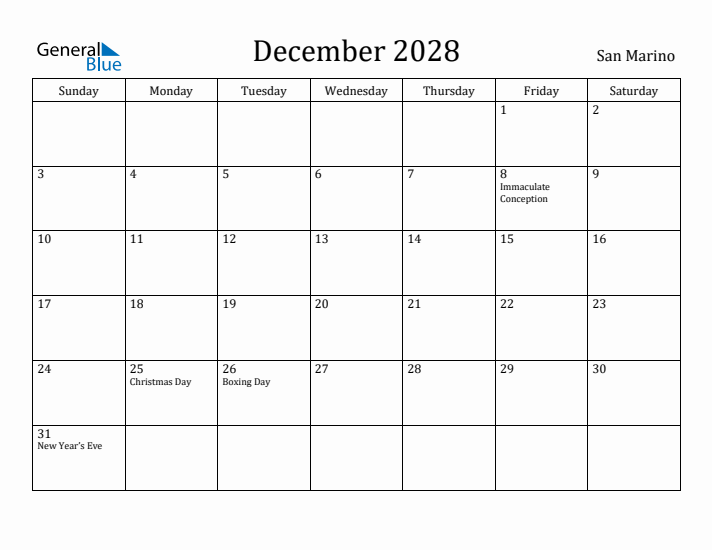 December 2028 Calendar San Marino