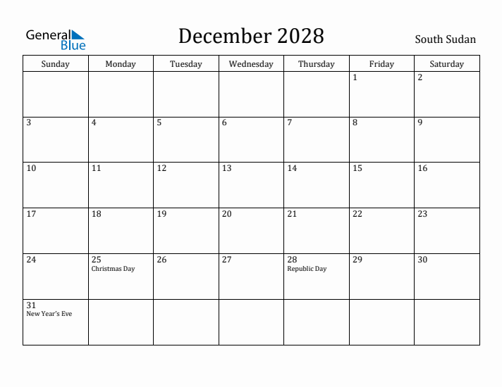 December 2028 Calendar South Sudan