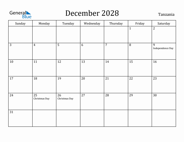 December 2028 Calendar Tanzania