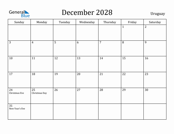 December 2028 Calendar Uruguay