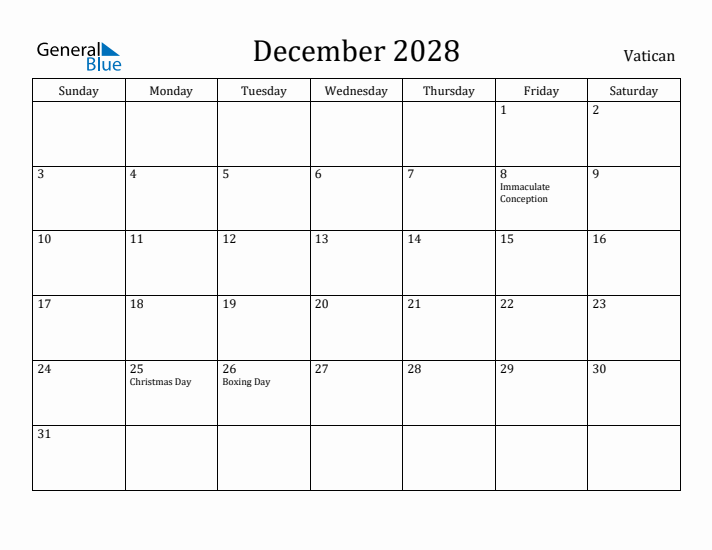 December 2028 Calendar Vatican