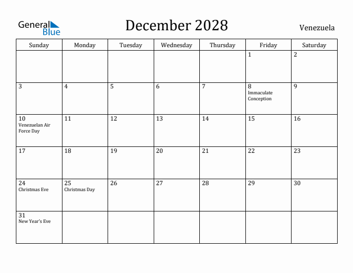 December 2028 Calendar Venezuela
