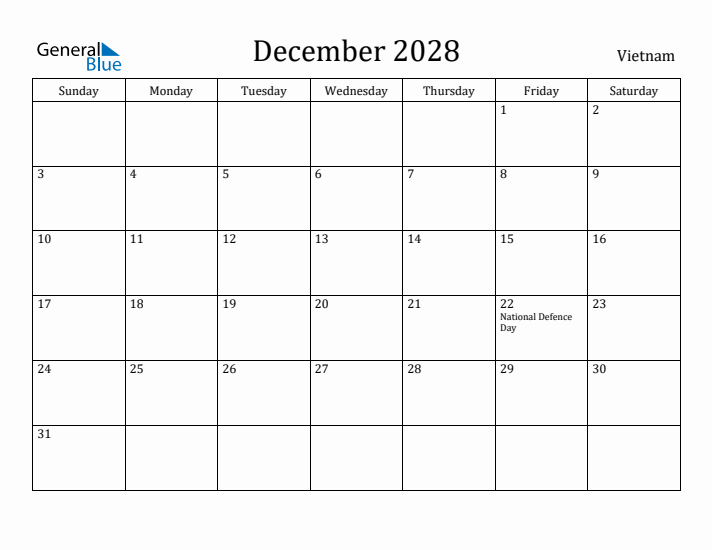December 2028 Calendar Vietnam
