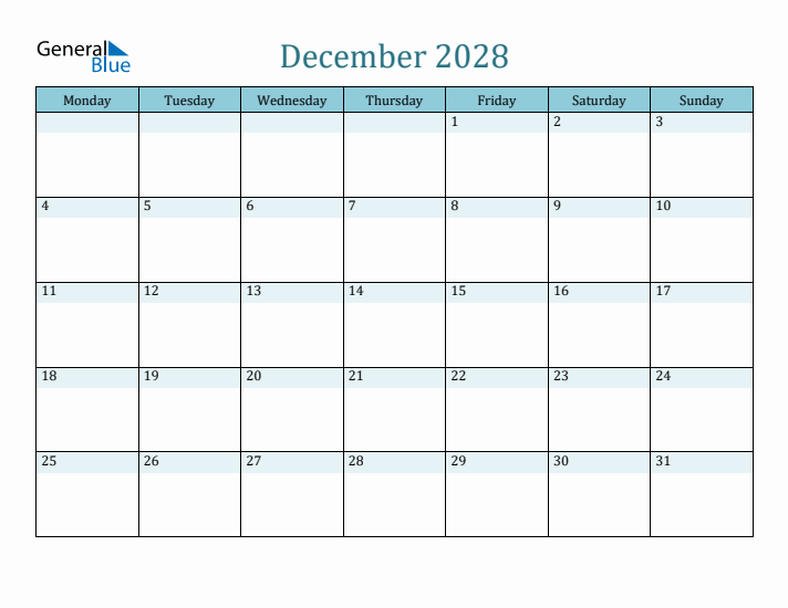 December 2028 Printable Calendar