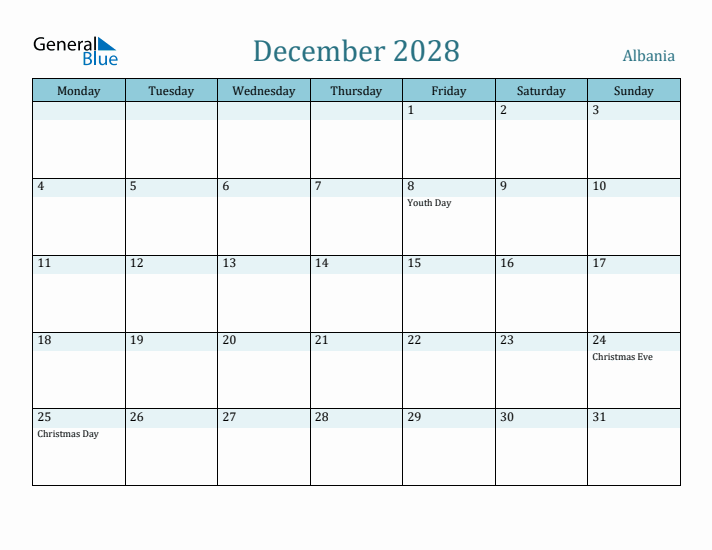 December 2028 Calendar with Holidays