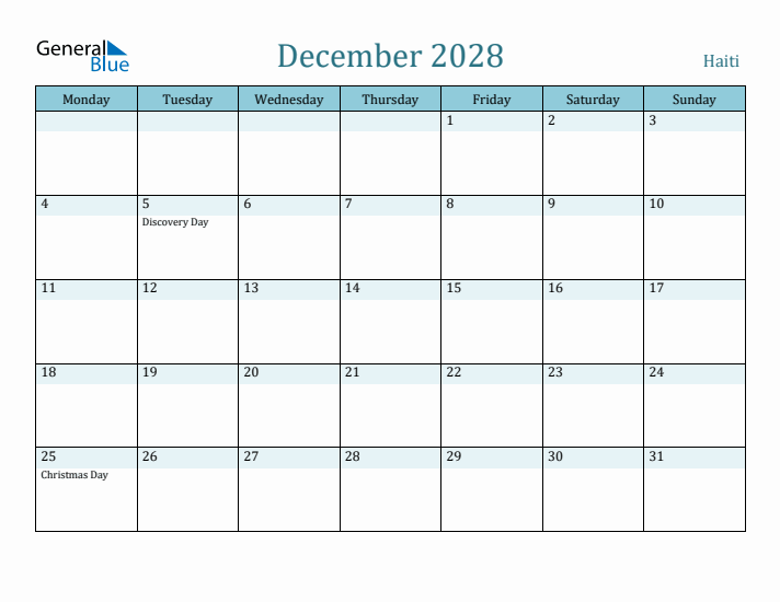 December 2028 Calendar with Holidays