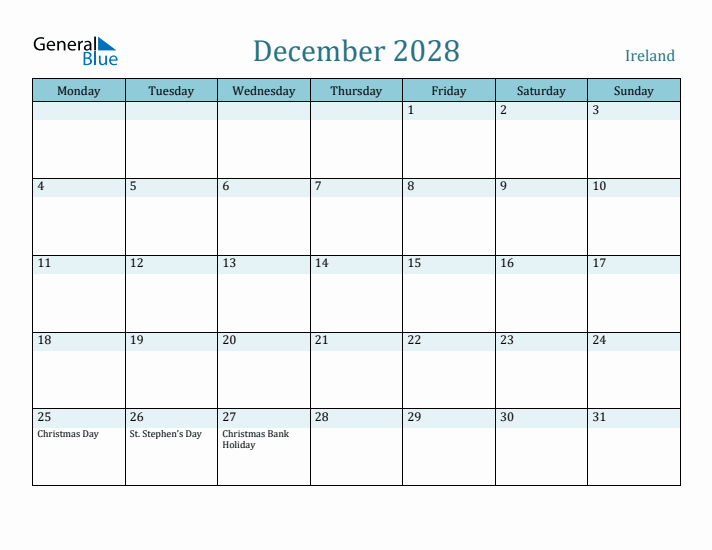 December 2028 Calendar with Holidays