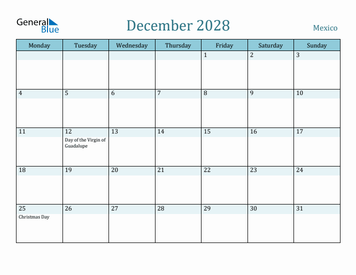 December 2028 Calendar with Holidays