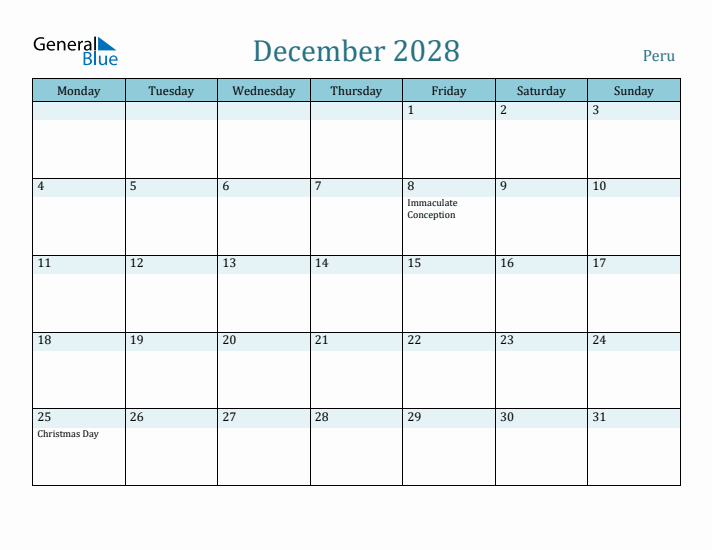 December 2028 Calendar with Holidays