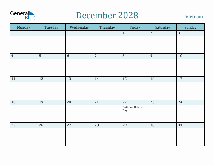 December 2028 Calendar with Holidays