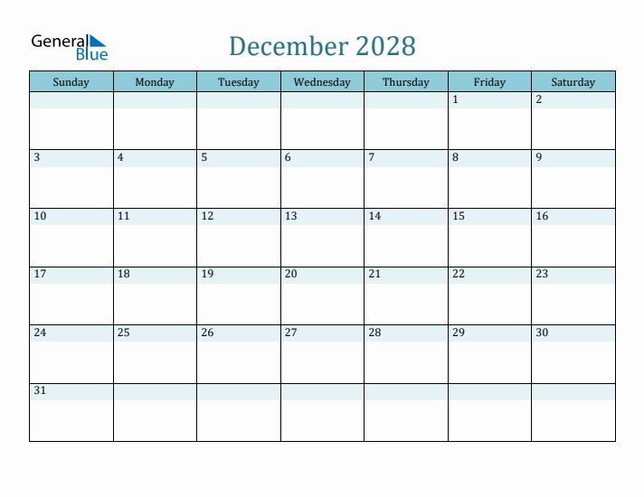 December 2028 Monthly Calendar Template Sunday Start
