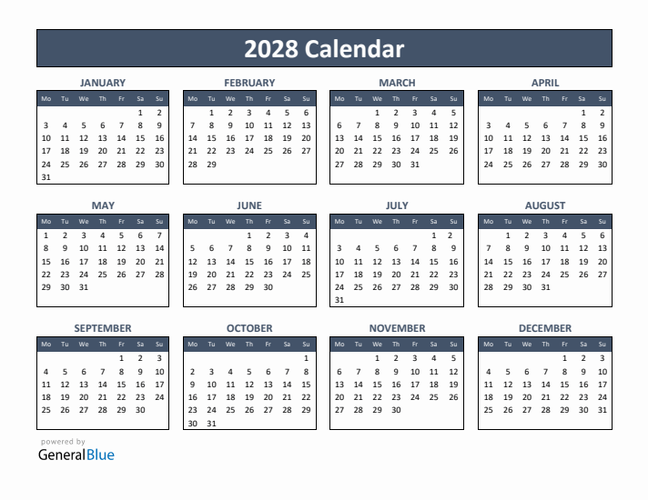 Basic Annual Calendar for Year 2028
