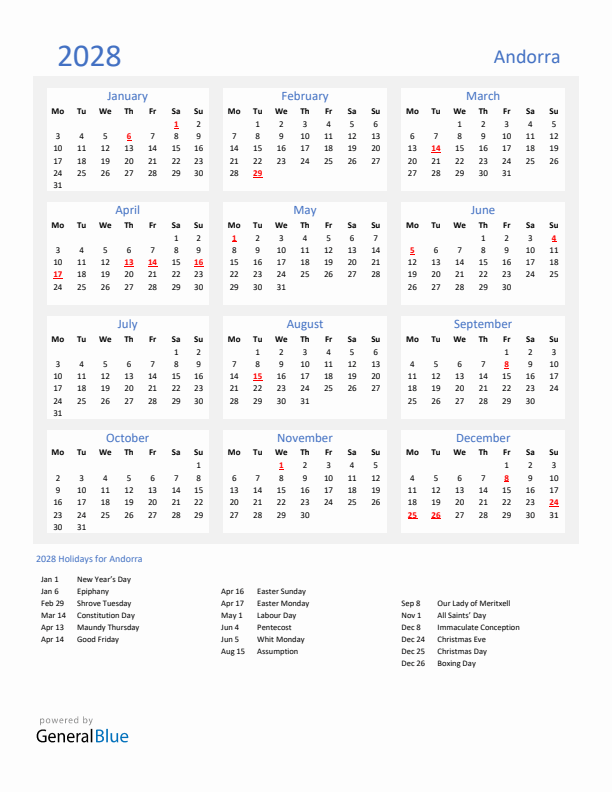 Basic Yearly Calendar with Holidays in Andorra for 2028 