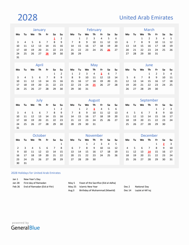Basic Yearly Calendar with Holidays in United Arab Emirates for 2028 