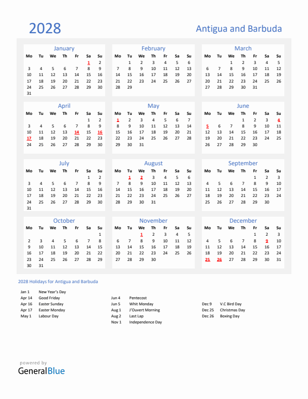 Basic Yearly Calendar with Holidays in Antigua and Barbuda for 2028 