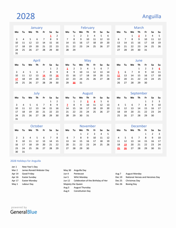 Basic Yearly Calendar with Holidays in Anguilla for 2028 