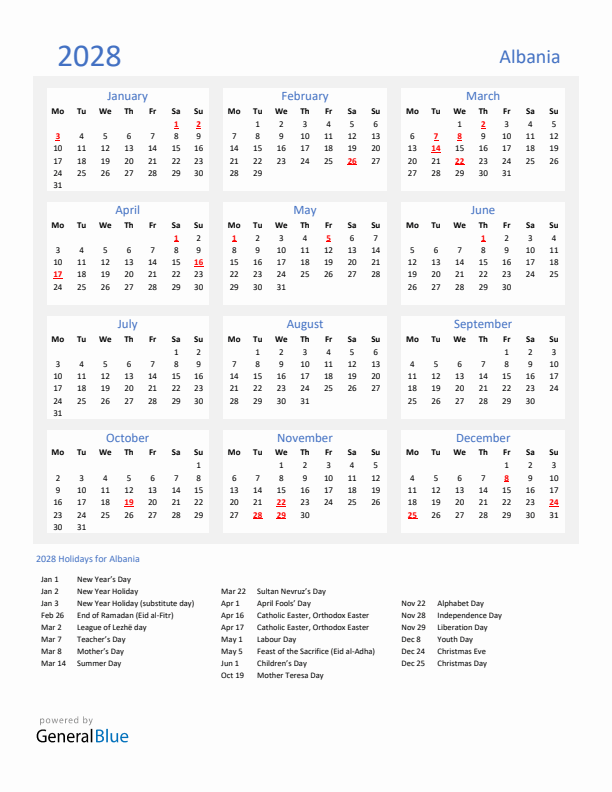 Basic Yearly Calendar with Holidays in Albania for 2028 