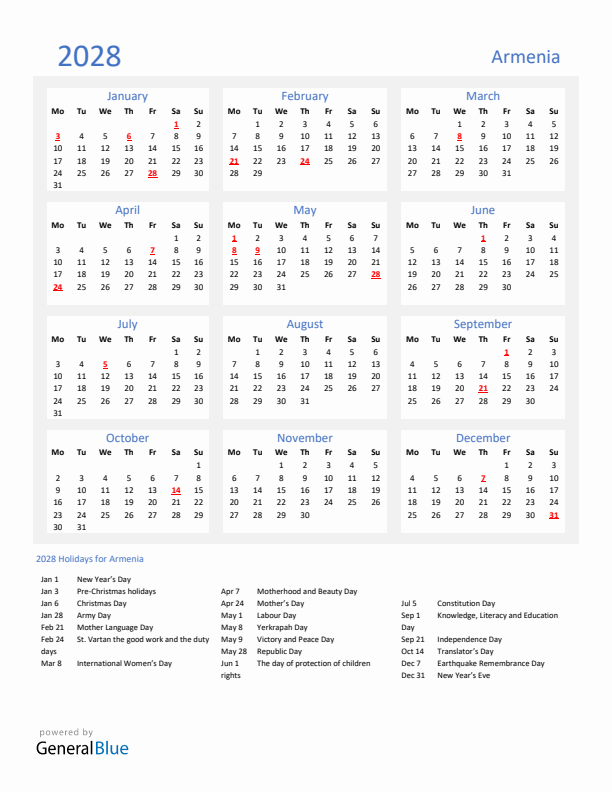 Basic Yearly Calendar with Holidays in Armenia for 2028 
