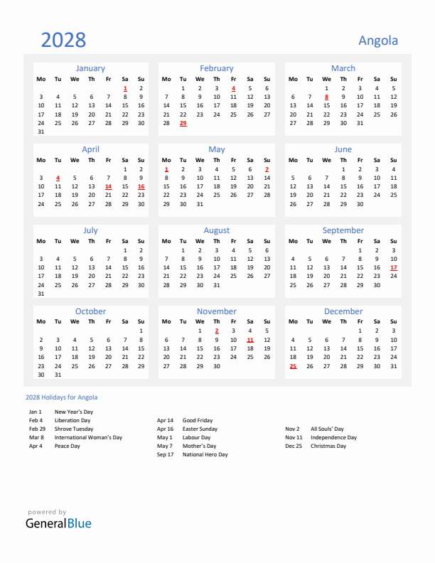 Basic Yearly Calendar with Holidays in Angola for 2028 