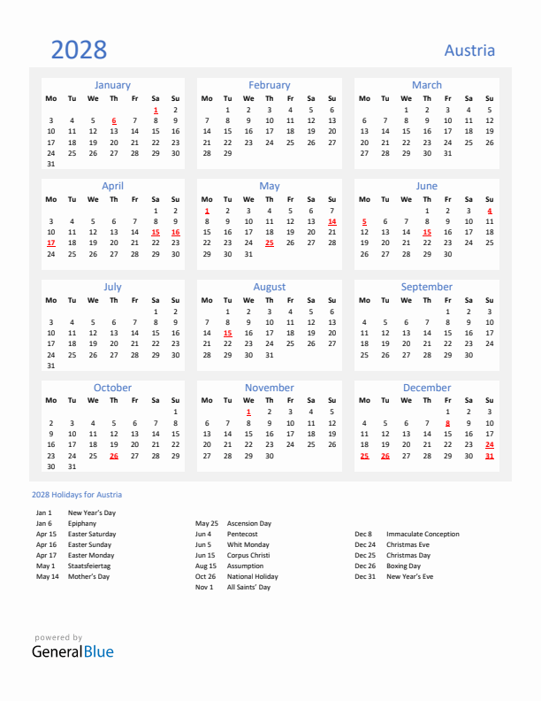 Basic Yearly Calendar with Holidays in Austria for 2028 