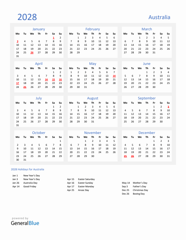 Basic Yearly Calendar with Holidays in Australia for 2028 