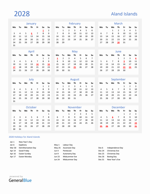 Basic Yearly Calendar with Holidays in Aland Islands for 2028 