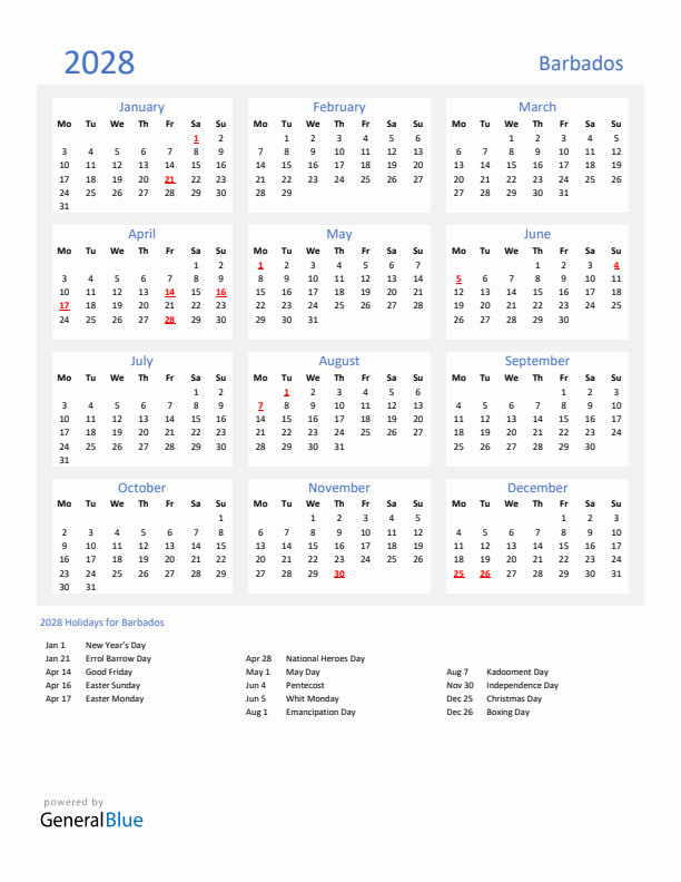 Basic Yearly Calendar with Holidays in Barbados for 2028 