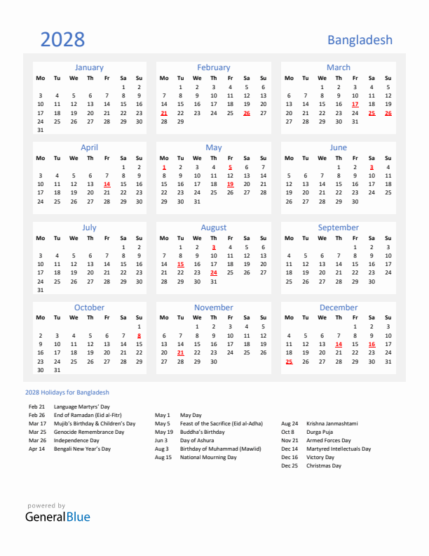 Basic Yearly Calendar with Holidays in Bangladesh for 2028 