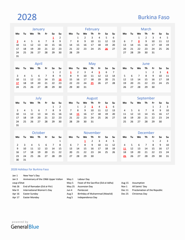 Basic Yearly Calendar with Holidays in Burkina Faso for 2028 