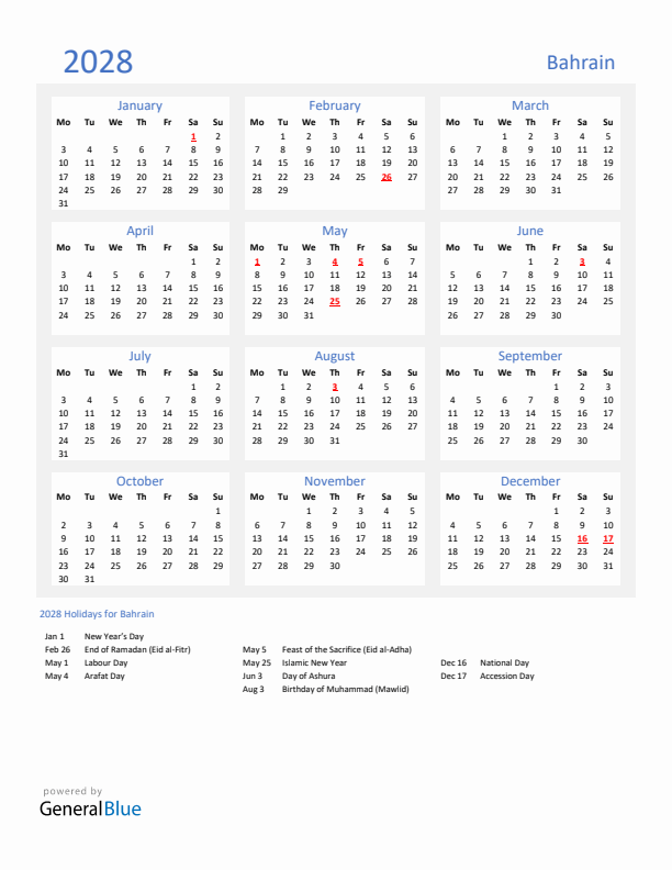 Basic Yearly Calendar with Holidays in Bahrain for 2028 