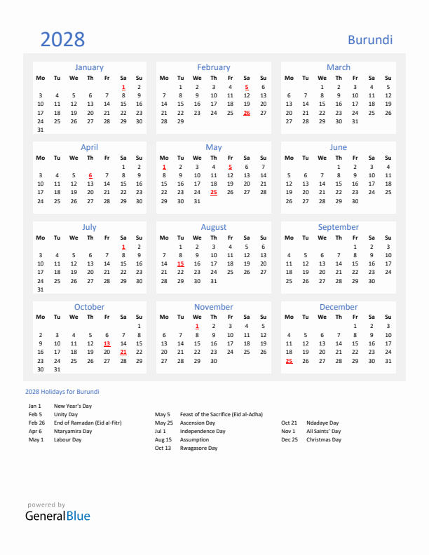 Basic Yearly Calendar with Holidays in Burundi for 2028 