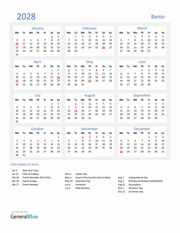 Basic Yearly Calendar with Holidays in Benin for 2028 