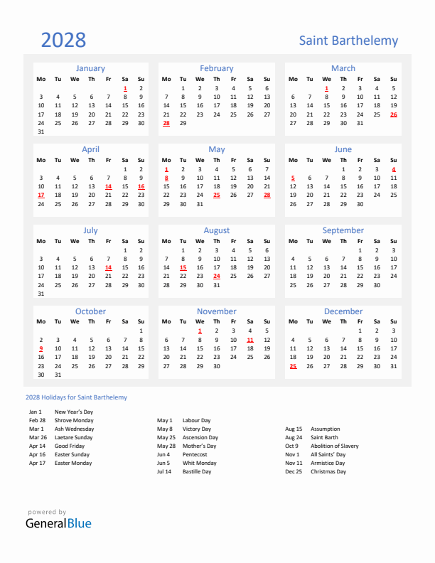 Basic Yearly Calendar with Holidays in Saint Barthelemy for 2028 