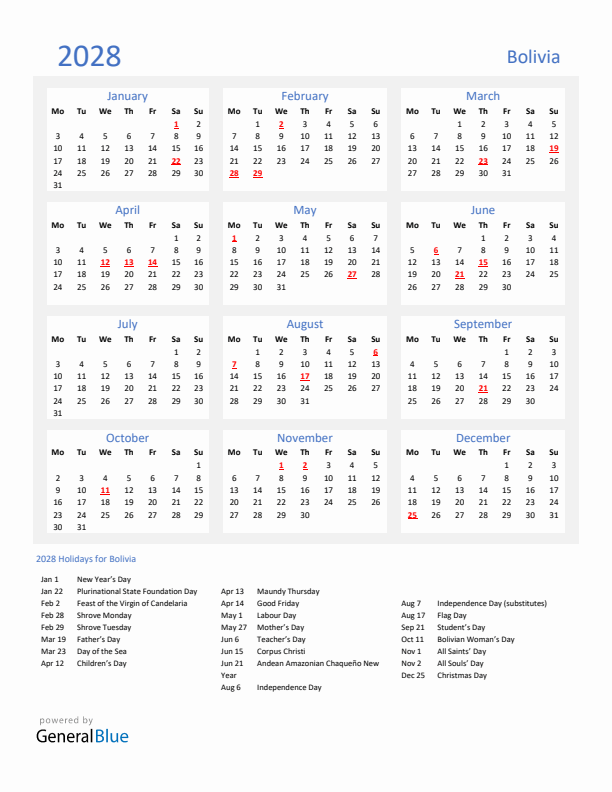Basic Yearly Calendar with Holidays in Bolivia for 2028 