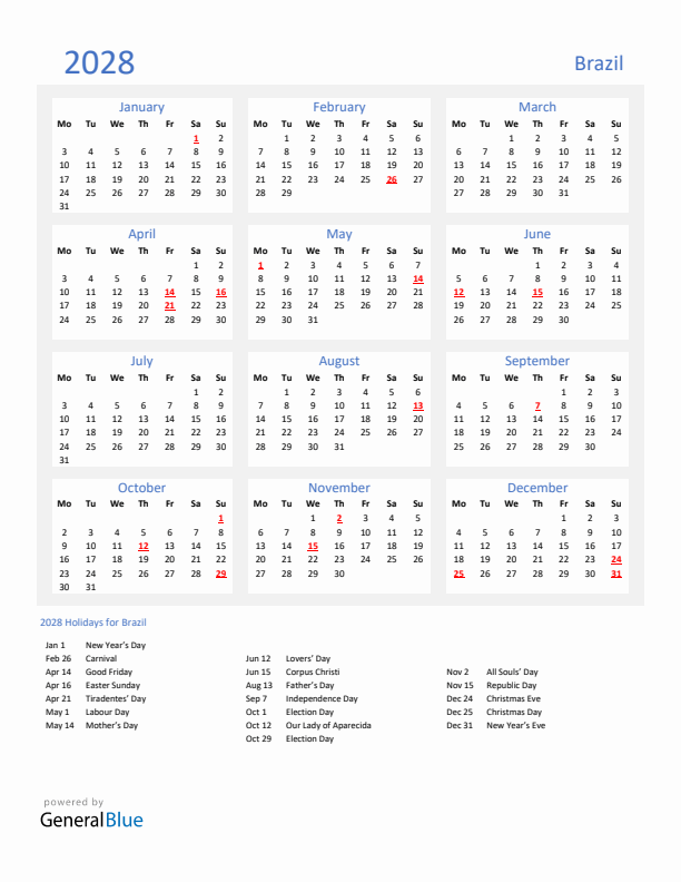 Basic Yearly Calendar with Holidays in Brazil for 2028 