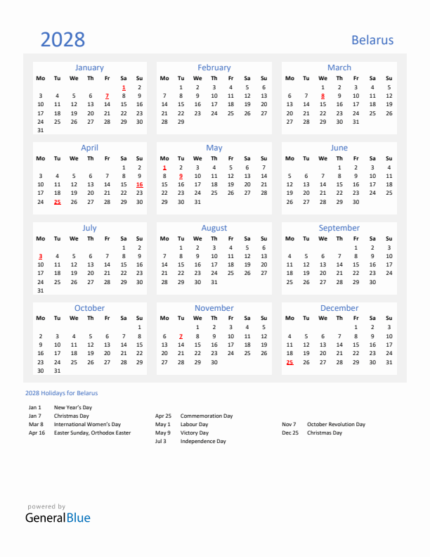 Basic Yearly Calendar with Holidays in Belarus for 2028 