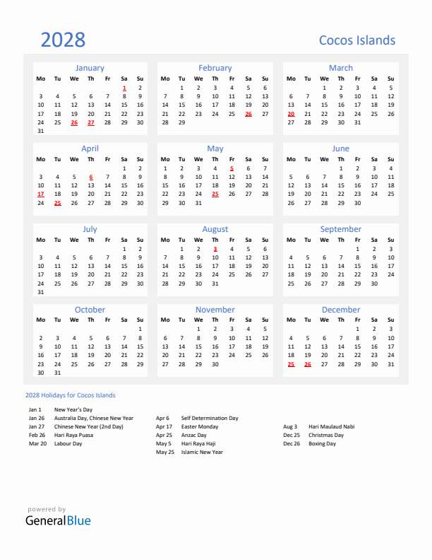 Basic Yearly Calendar with Holidays in Cocos Islands for 2028 