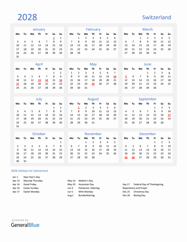 Basic Yearly Calendar with Holidays in Switzerland for 2028 