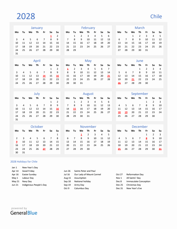 Basic Yearly Calendar with Holidays in Chile for 2028 