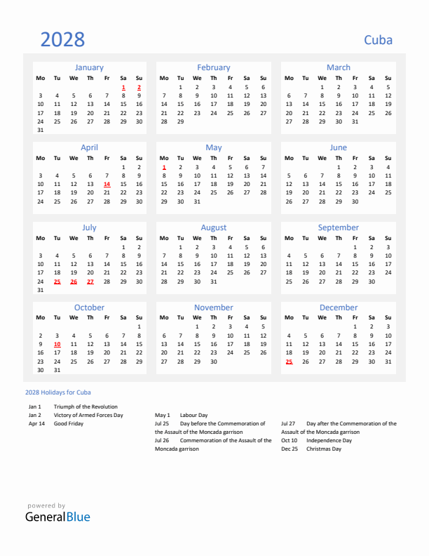 Basic Yearly Calendar with Holidays in Cuba for 2028 